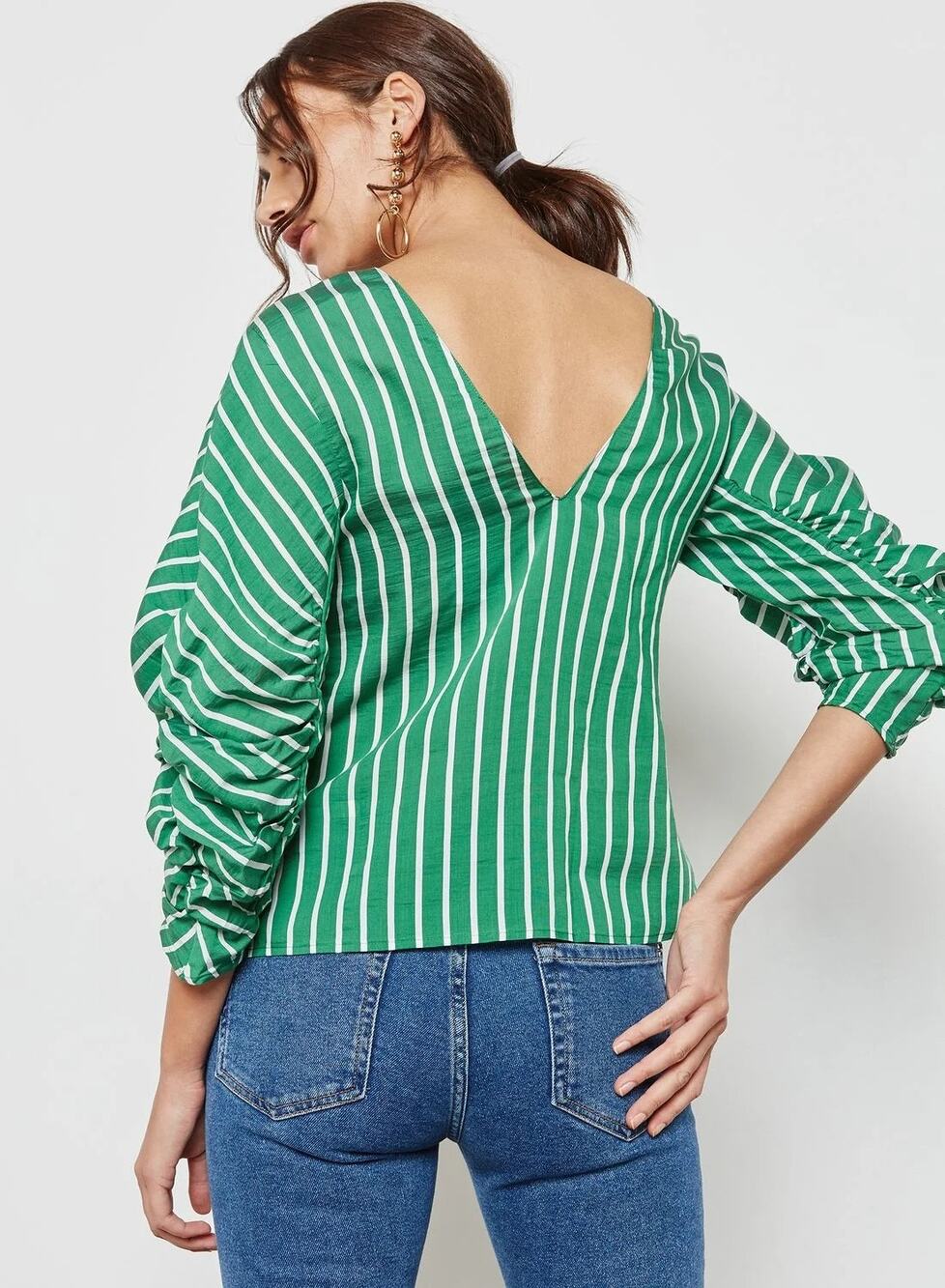 Mango Green Striped Ruched Puff Sleeves V-back Boxy Fit Tencel Blend Top 8